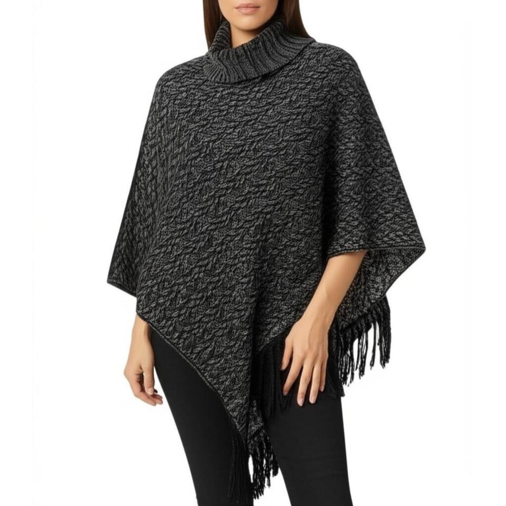 TIME AND TRU Poncho Womens‎ Size One Size Black Turtleneck Fringe Cable Knit
